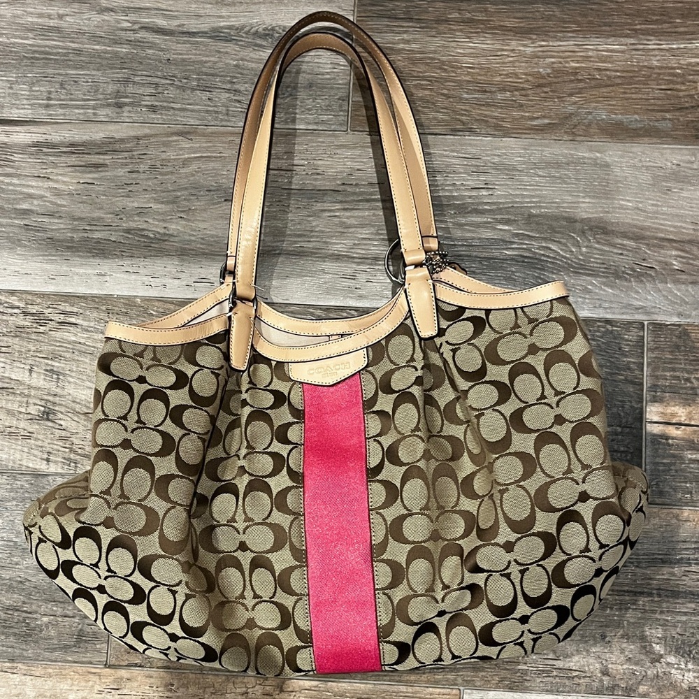 Coach Signature Stripe Devin Shoulder Tote Bag in Signature Tan and Pink